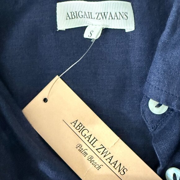 Abigail Zwaans Palm Beach 100% Linen Button-Up Shirt In Marine Blue Size S - Picture 3 of 9